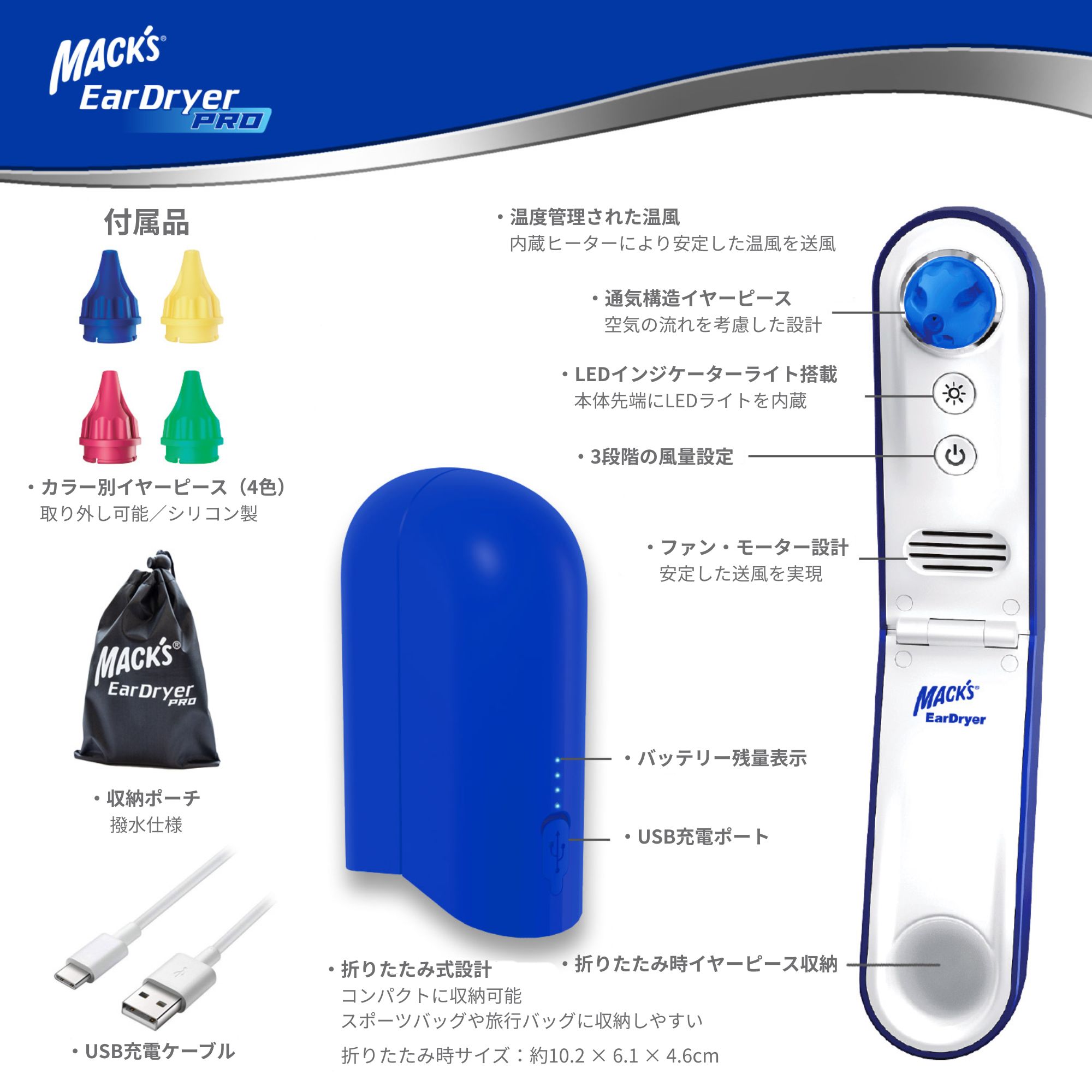 Mack's Ear Dryer PRO の付属品と機能詳細図